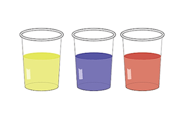 Cups filled one cup with yellow, one with blue, and one with red water