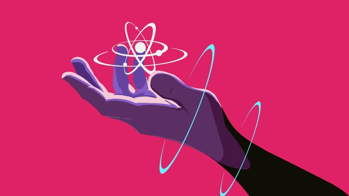 A bright, high-contrast illustration shows a hand held up, with an abstract atom symbol floating above it.