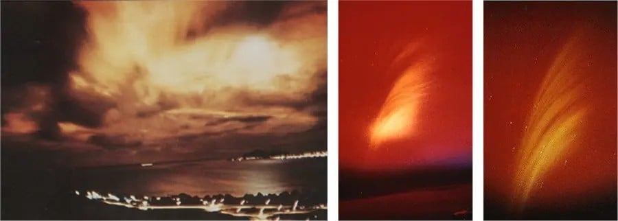 Left: Starfish Prime lit up the night sky over Hawaii, nearly 900 miles away. Center and right: After the blast, a nuclear “aurora” formed, caused by beta particles, emitted by radioactive materials, moving along Earth’s magnetic field