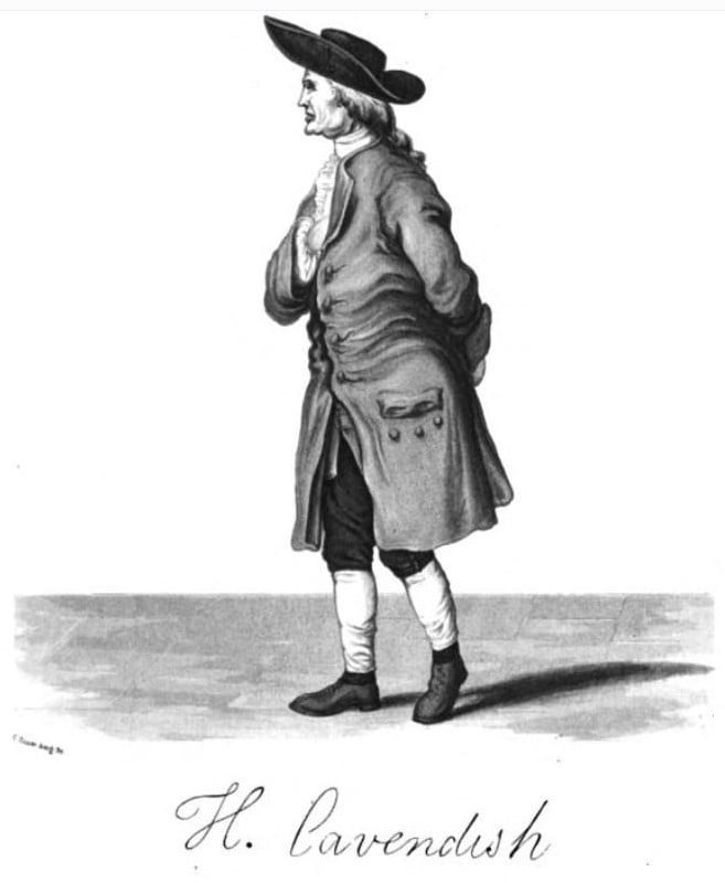 A profile illustration of Henry Cavendish with his signature at the bottom. He is wearing the attire of the late 1800s.