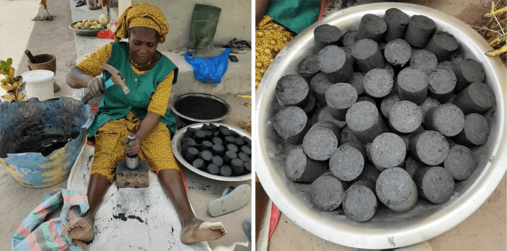 A woman seated on the ground with a hammer. At right, a black cylindrical briquettes in a bowl.