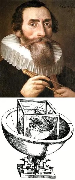(Top) A 1610 portrait of Johannes Kepler by an unknown artist. (Bottom) Kepler's Platonic solid model of the Solar system from Mysterium Cosmographicum (1596).