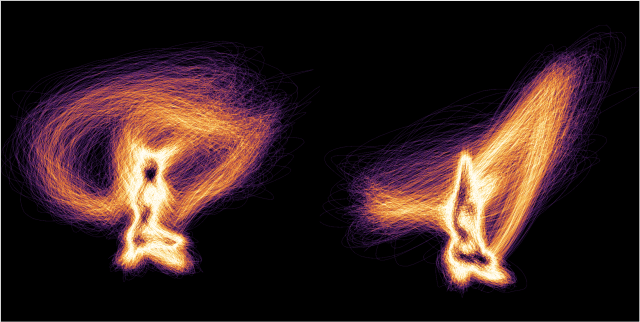 Layered colors of orange and white lines describe a runner’s acceleration