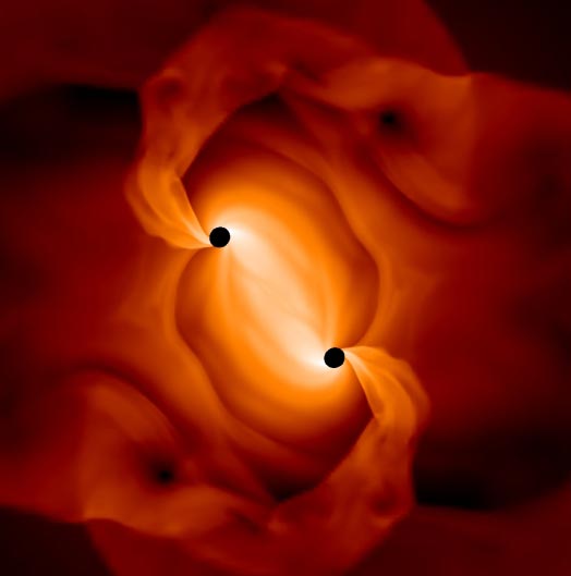 The merger of a supermassive black hole binary in the hot environment of its host galaxy.