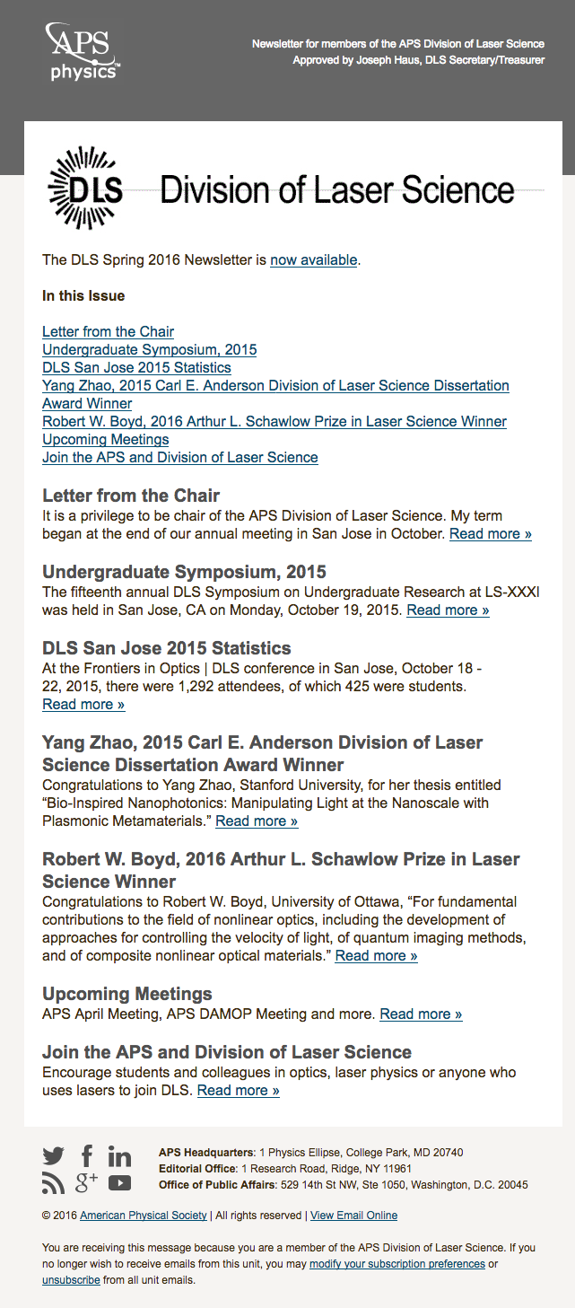 Sample email newsletter from DLS unit