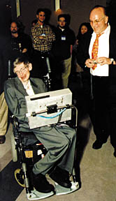 fest01.jpg - 22197 Bytes Science magician Bob Friedhoffer elicits a smile from 1999 Lilienfeld Prizewinner Stephen Hawking