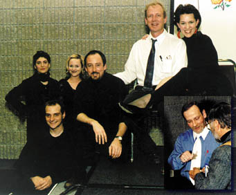 Playwright Matthew Wells (inset, bottom right) following the world premiere of his play, Schrvdinger's Girlfriend. (below) Cast members are all smiles after a successful performance: Whitt Brantley and Georgia Ribeau (top right corner) were joined by (from left) Hope Mills, Jen Apgar, Bill Murphey and (front) Jim Roof.