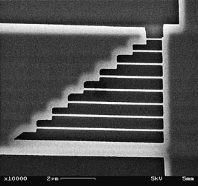 Electron microscope image of a nanofabricated device to study microscopic resonances.