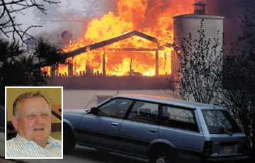 A home in Los Alamos, NM burns. Inset photo of Benjamin Gibson.