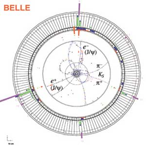 B meson decay candidate in the BELLE detector.