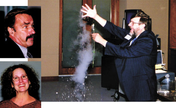 Nobel Prize winner William Phillips crumbles a flower frozen with liquid nitrogen as part of his lecture on absolute zero. Top inset: Luncheon speaker James Trefil. Bottom inset: Banquet speaker Felice Frankel. (Photos by: M. Tarlton/AIP)