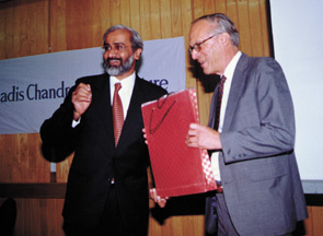 Ranjit Nair, President of the Centre for the Philosophy and Foundations of Science in New Delhi, introducing James Langer as the Jagadis Chandra Bose Lecturer for 2000. 