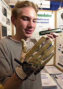 Ryan Patterson, 17, of Grand Junction, Colorado, demonstrates his sign language translator. Patterson won a $50,000 college scholarship at the Intel International Science and Engineering Fair.(Photos courtesy of Intel).