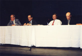 Photo by Jessica Clark. Left to right: Stanley Wojcicki, Raymond Orbach, Joseph Dehmer, William Brinkman.
