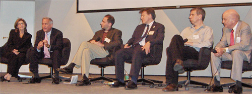 The panel was moderated by APS President Marvin Cohen (in the photo at extreme right). Other panelists included (l to r): Paula S. Apsell, Walter Isaacson, David Kaiser, Gary Johnstone, and David Bodanis.