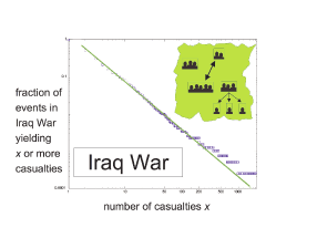 Log-log plot of the fraction of all events in the Iraq War with x or more casualties, versus x. Squares are actual war data. The line is produced by the physics-based analytic model (see inset). All modern wars, including terrorism, show power-law like behavior with exponents in the vicinity of 2.5. The analytic model considers insurgent armies as an ecology of attack units, which undergo frequent coalescence and fragmentation. The number of dark shadows is proportional to the number of casualties which each attack unit can typically inflict in a conflict event. Full details are given in e-print “Universal patterns underlying ongoing wars and terrorism,” by Neil F. Johnson, Mike Spagat, Jorge A. Restrepo, Oscar Becerra, Juan Camilo Bohorquez, Nicolas Suarez, Elvira Maria Restrepo, Roberto Zarama, which is available at http://xxx.lanl.gov/abs/physics/0605035